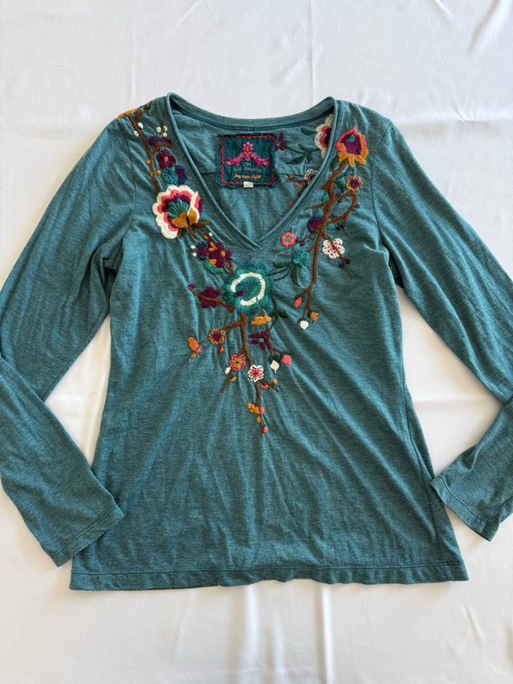 Johnny Was Teal V-Neck Long Sleeve Top with Multicolor Floral Embroidery